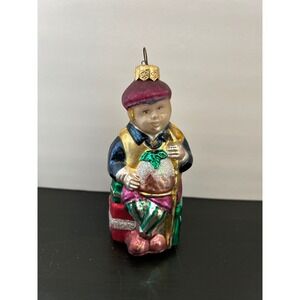Glass Vintage Ornament Christmas Boy with Presents Glitter Accents Christopher